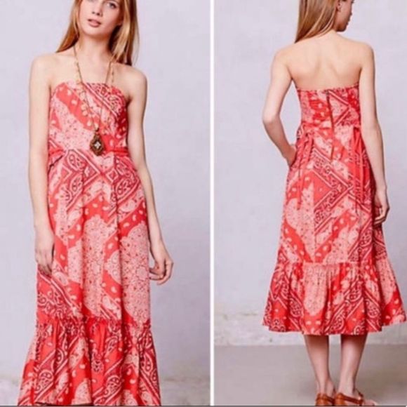 Anthropologie Dresses & Skirts - Anthro Holding Horses Women’s Red Bandana Paisley Strapless Midi Dress 0